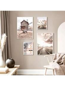 1 pieza Impresión en lienzo de paisaje marino, póster de playa con puente de madera, flor de heno, arte de pared pintura estilo nórdico para decoración de sala de estar sin marco
