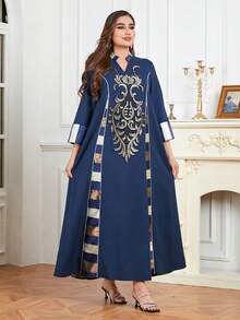 花卉圖案亮片缺口V領連衣裙 - 藏蓝色 - 查看 5