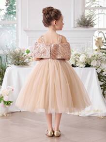 Vestido de princesa de malla con lentejuelas doradas para niña, adecuado como regalo de cumpleaños, para fiestas, banquetes, dama de honor, bodas, bailes escolares, fiestas de Navidad y celebraciones