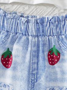 3 件套年轻女孩夏季服装 - 蝴蝶印花设计荷叶边领衬衫、松紧腰裤和吊带背心，优雅套装，适合度假和旅行，春夏 - 藍色 - 查看 7