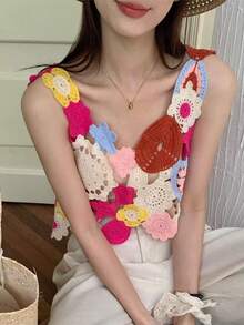 Women's Colorful Hollow Out Embroidered Crochet Knitted Sweater Vest Casual Vacation Summer - Multicolor - View 3