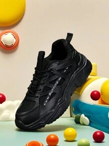 Sporty Front Chunky Sneakers For Women,Colorblock Leather Lace-Up Shoes Women Lightweight Breathable Sneakers Women Shoes Anti-Slip And Wear-Resistant Outdoor Sports Shoes For Women,Comfortable Casual Women Shoes - Black - View 9