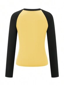 Beauace Womens Slim Fit Tops Casual Contrast Color Raglan Long Sleeve Basic T Shirt Blouses For Club Streetwear Aesthetic Clothes - Yellow - View 7