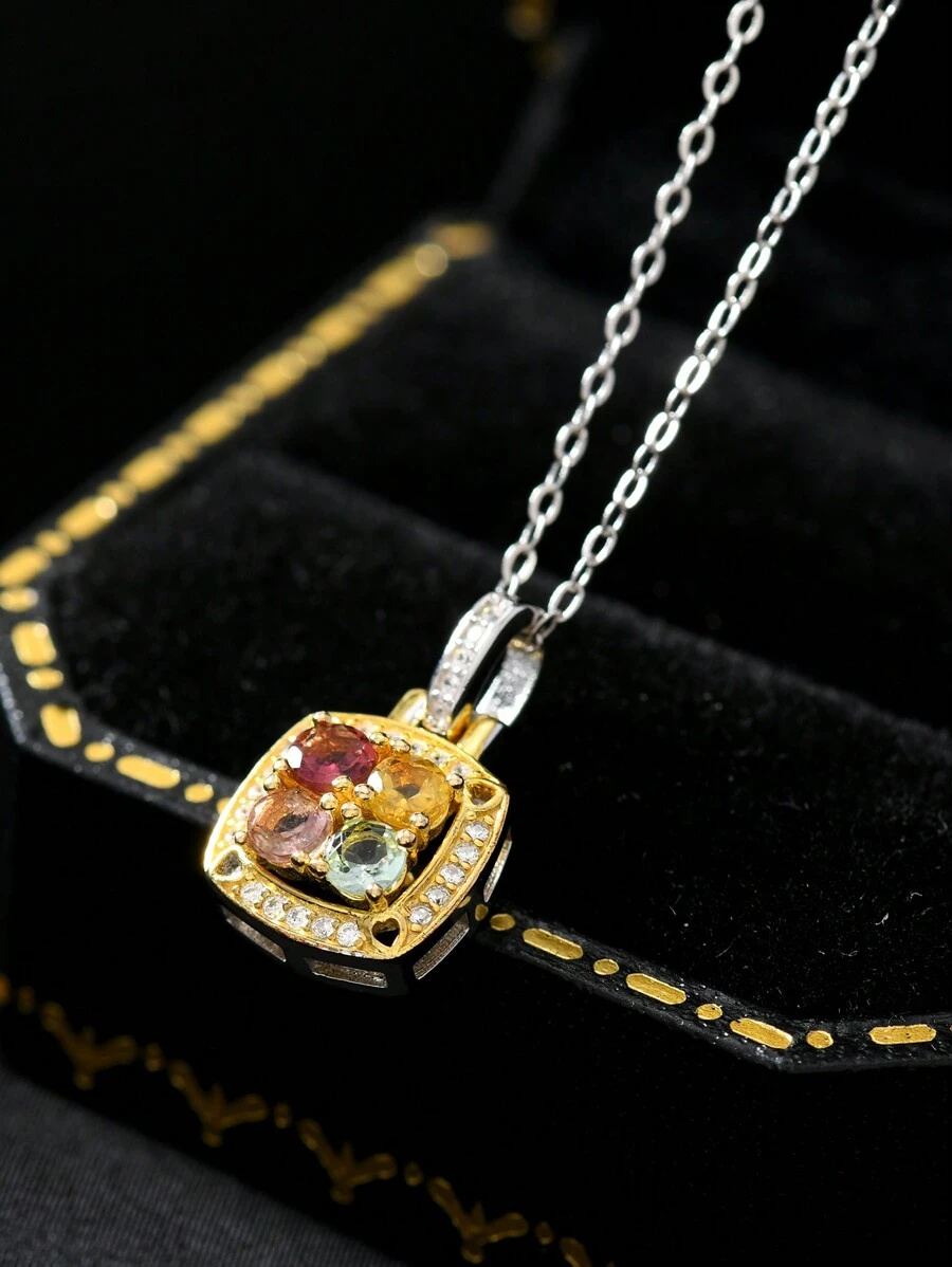 1 PC Natural Gemstone Tourmaline Necklace Colorful Square Necklace  Simple Fashion Pendant Necklace For Women, S925 Silver Plated With 18k Gold, Gemstone With Flawless Clarity And Full Fire Color, Tourmaline Random Color