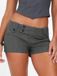 Summer Street Style Leg-Lengthening Fashion Versatile Elegant Simple Low-Waist Button Shorts - Grey - View 2