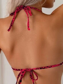 Women Tied Bowknot Halter Top And Side Tie Bottom, Leopard Print Triangle Bikini Set, For Summer Beach Vacation - Red - View 6