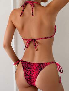 Women Tied Bowknot Halter Top And Side Tie Bottom, Leopard Print Triangle Bikini Set, For Summer Beach Vacation - Red - View 3