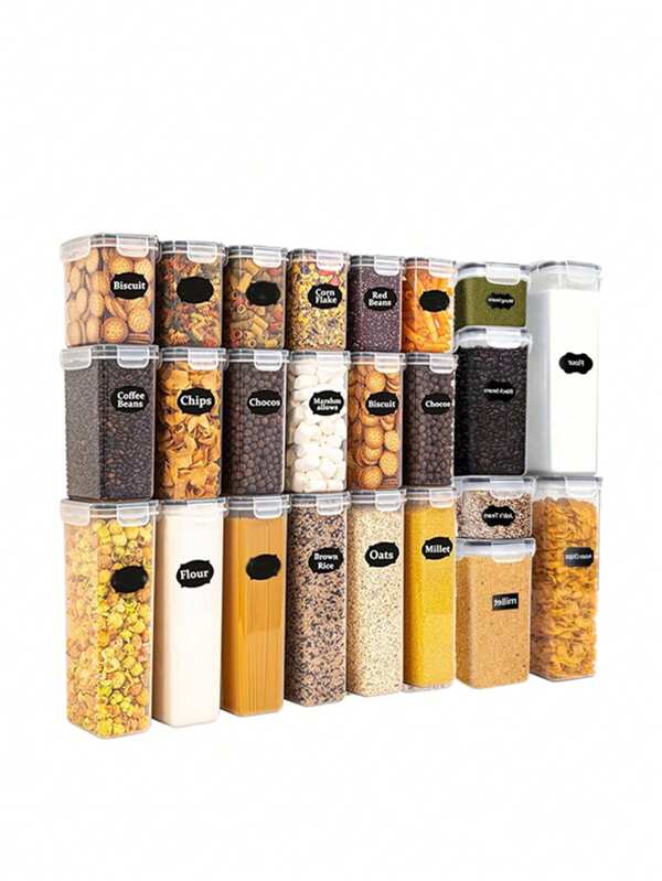 48pcs Airtight Food Storage Containers With LIDS, Plastic Kitchen And Pantry Organization Labeled Jars For Grain Flour And Pasta,Storage And Organization,Stocking Stuffers For Adults,Kitchen Gadgets