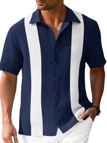 Runcati Men's Vintage Bowling Shirt Short Sleeve Guayabera Button Down Beach Shirt - Màu xanh hải quân - Xem 2