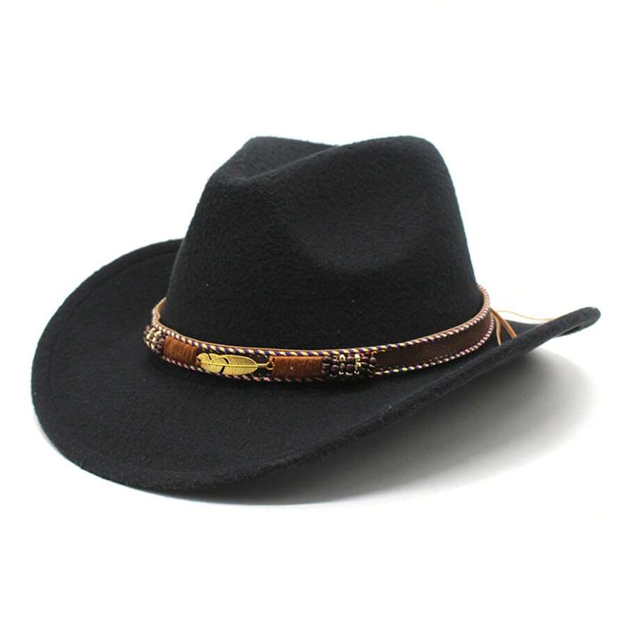 Western Cowboy Hat Faux Felt Leather Wide Brim Hat Classic Outdoor Travel Cap With Strap For Halloween Adult Men Women Cowgirl Costume - 黑色 - 查看 1