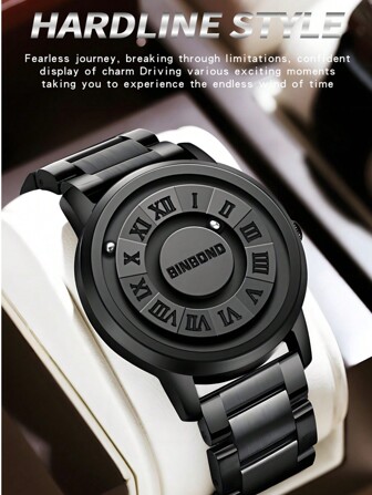  BINBOND Luxury Quart Watch Men Creative Scrolling Pointer Magnetic Force Sport Watches Men Stainless Steel Watchband Casual Business Quartz Movement Man Clock