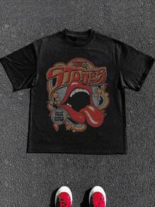 1 Uds. 100% algodón desgastado guitarra acústica Rolling Stones camiseta Retro de los años 70 Vibe Vintage camiseta negra con estampado gráfico Tops camiseta de algodón pesado de 220g - Negro - Ver 1