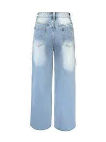 女式水洗牛仔直筒牛仔裤，带系带装饰，秋季