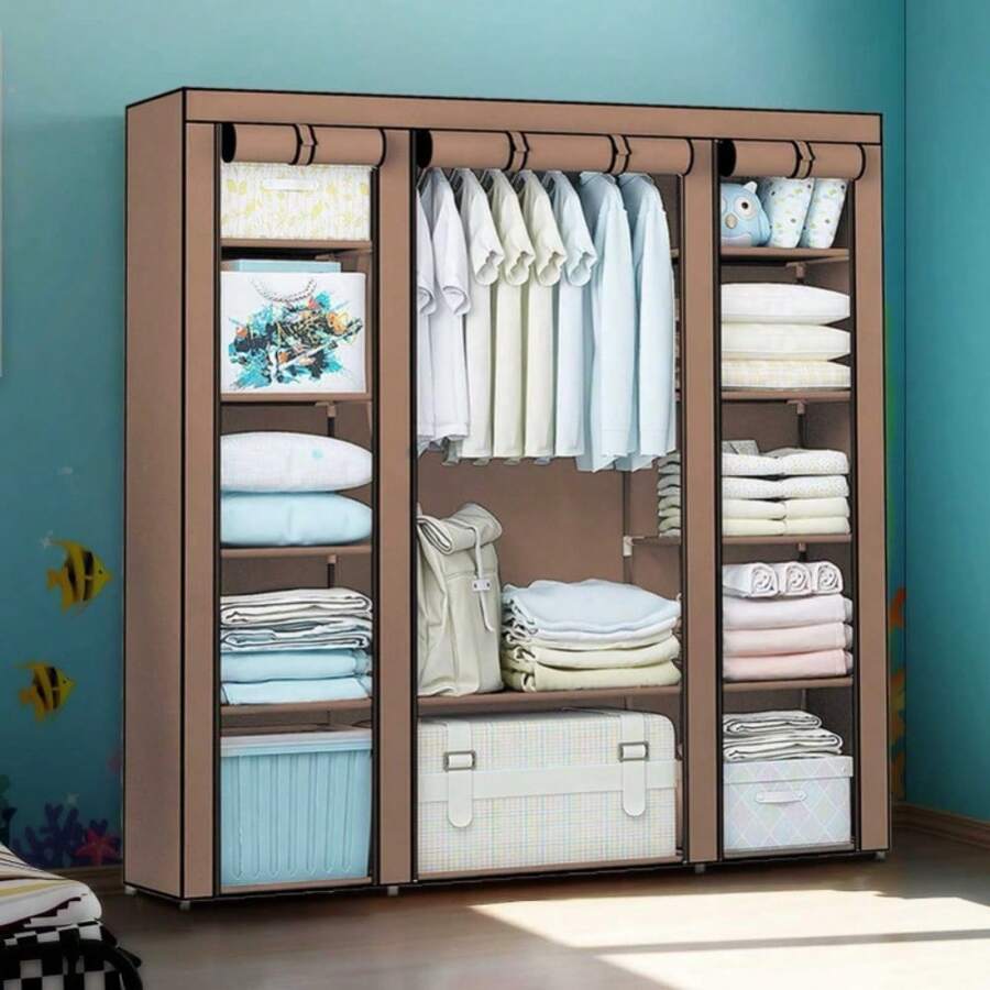 Portable Wardrobe Canvas 128x45x173cm Fabric Wardrobes For Bedroom Large Foldable Closet Storage Oranisers Portable Wardrobes For Bedroom Consumables - Coffee - View 1