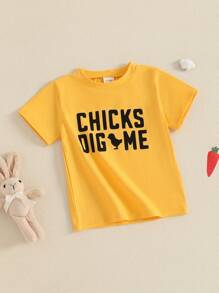 Camiseta de Pascua para niños pequeños, manga corta, cuello redondo, estampado de letras, ropa de verano para niñas y niños - Amarillo - Ver 2