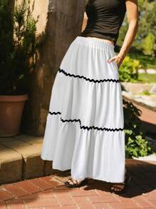 Simple Casual Lace Patchwork Midi Skirt - White - View 1