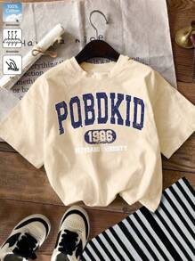 潮流個性字母標語印花男童杏色純棉T卹，100%棉質上衣童裝T卹基礎款上衣寬鬆休閒百搭戶外上衣街頭學院風春夏垂感蝕毛柔軟透氣短袖上衣，街頭服飾運動上衣 - 杏色 - 查看 1