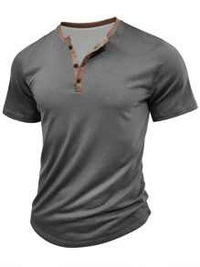Spring And Summer Men's Short Sleeved Casual Henry T-Shirt, Men's Solid 100% Polyester Fiber Retro Style Sports Top