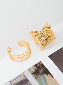 1 set di 2 pezzi Anelli moderni con apertura asimmetrica, anelli regolabili traforati a linea/foglia per donne - Dorato - Visualizzare 4