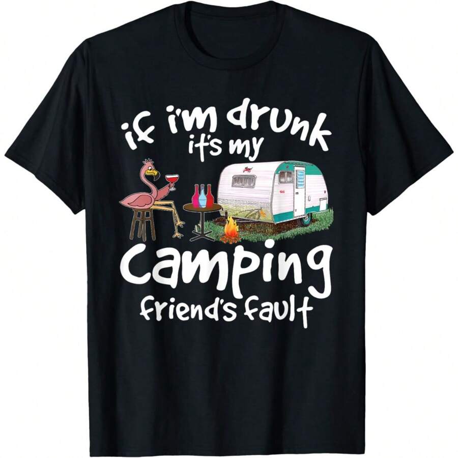 Funny Camping If I'm Drunk It's My Camping Friend's Fault Men's T-Shirt, Humor Short Sleeve Tee For Men, Men's Top Shirts Vacation Gift For Him, Boyfriend - 黑色 - 查看 1