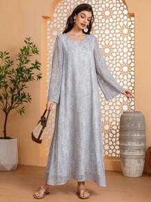 女士雕花雪纺长袖衬里连衣裙优雅长袖长袍 Abaya 朴素卡夫坦 Jalabiya 阿拉伯连衣裙斋月风格 - 淺灰色 - 查看 6