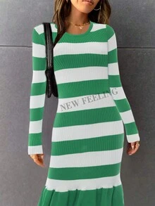 Vestido ajustado largo de lana con cuello redondo, manga larga y dobladillo de loto y rayas de seda fresca - Verde - Ver 1