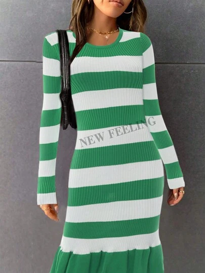 Vestido ajustado largo de lana con cuello redondo, manga larga y dobladillo de loto y rayas de seda fresca