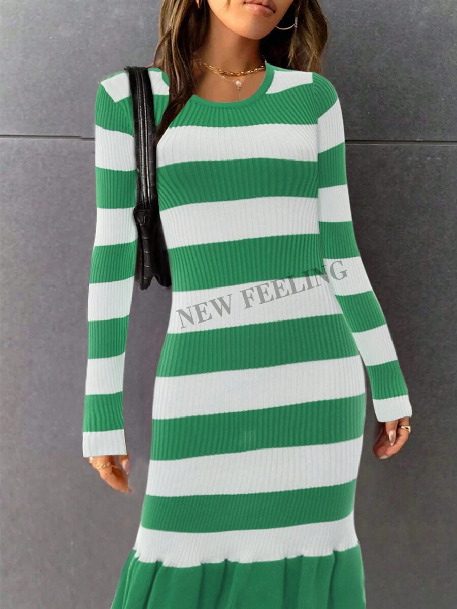 Vestido ajustado largo de lana con cuello redondo, manga larga y dobladillo de loto y rayas de seda fresca - Verde - Ver 1