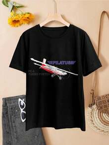Women's Pilatus PC-6 Airplane T-Shirt - Aviation Fashion Tee Pilot Gift Retro Aircraft Shirt - Black - View 2