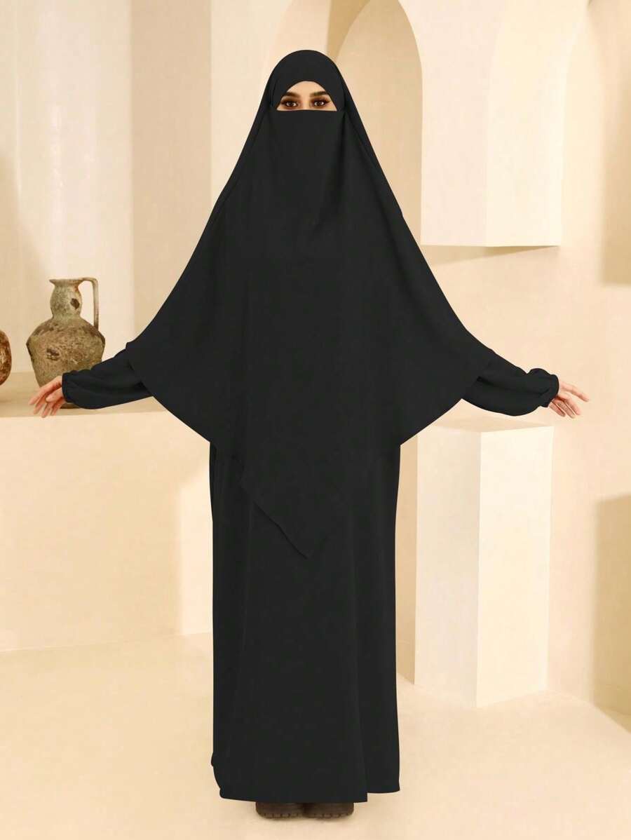 1 chiếc váy dài tay kín đáo màu đen có mạng che mặt Niqab, Polyester, dáng thường ngày & rộng rãi, trang phục nữ - màu đen - Xem 1