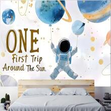 1pc Reusable Polyester Space Themed Backdrop Banner, "First Journey Around The Sun" Astronaut And Planet Design, Suitable For Birthday, Anniversary, Home Decor, Indoor And Outdoor Use, Space Decoration
