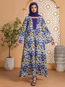 女士花卉印花配头巾优雅长袖长袍 Abaya 朴素卡夫坦 Jalabiya 阿拉伯连衣裙