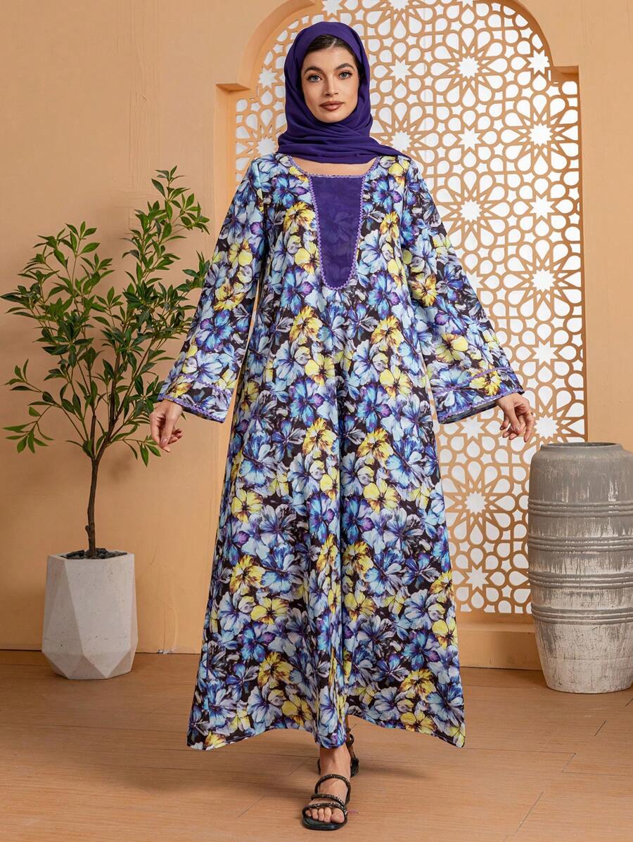 女士花卉印花配头巾优雅长袖长袍 Abaya 朴素卡夫坦 Jalabiya 阿拉伯连衣裙