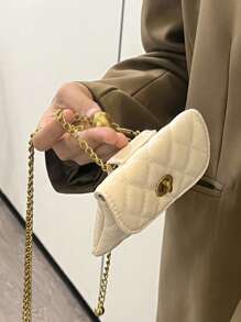 New Fashionable Versatile Rhombic Embroidery Detachable Delicate Chain Mini Multifunctional Fanny Pack/Shoulder Bag, Western Purse For Women - Beige - View 3