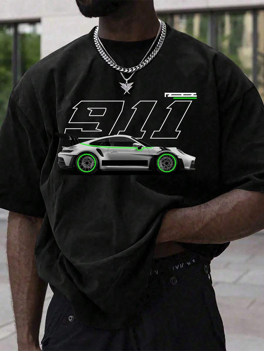 黑色男士新款赛车休闲个性化字母印花短袖T恤，搭配休闲裤，适合旅行/度假/户外露营/运动，国际赛车