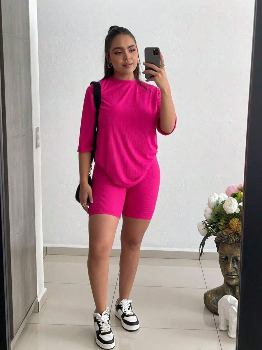 Drop Shoulder Tee & Biker Shorts - Hot Pink - View 1