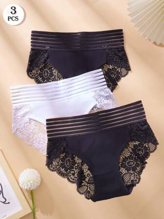 3 st svarta och vita trosor med hög midja och dragsko, sexiga spetsunderkläder för kvinnor