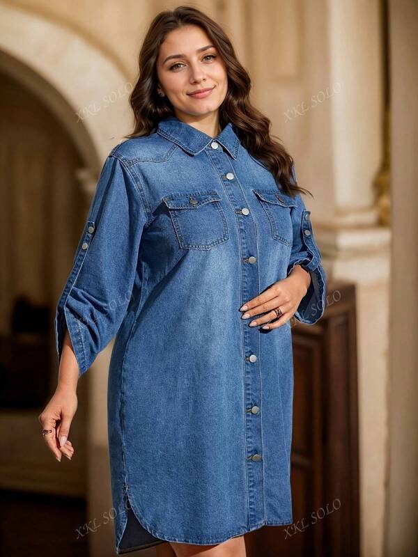 Plus Size Retro Ruffle Trim Mid-Calf Denim Long Sleeve Denim Dress