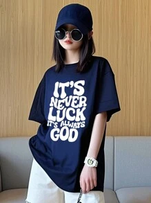 1pc Tween Girls English Text Print Crew Neck Short Sleeve T-Shirt, Blue, Student & Young Casual Comfy & Fashionable Summer Top