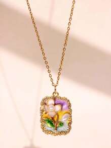 1 pieza Collar colgante de metal esmaltado con pintura de flores coloridas, joyas elegantes y románticas de moda para fiestas para mujeres