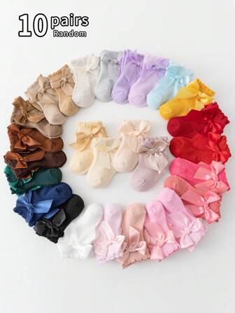 10 Pairs Cute Bow Decorated Baby Socks, Suitable For 0-3 Years Old Kids