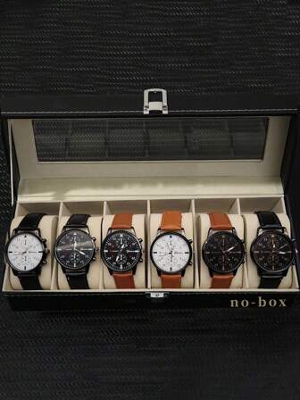 6 件装男士 PU 皮革表带混合刻度表盘时尚商务风格石英表套装，日常佩戴