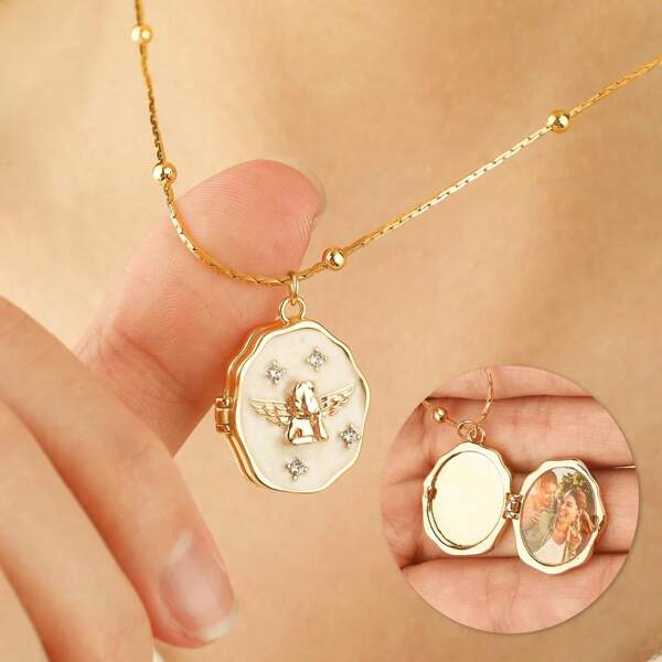 1pc Retro Angel Necklace With Locket Photo Album Box, Family Photo Frame, Pet Photo Frame