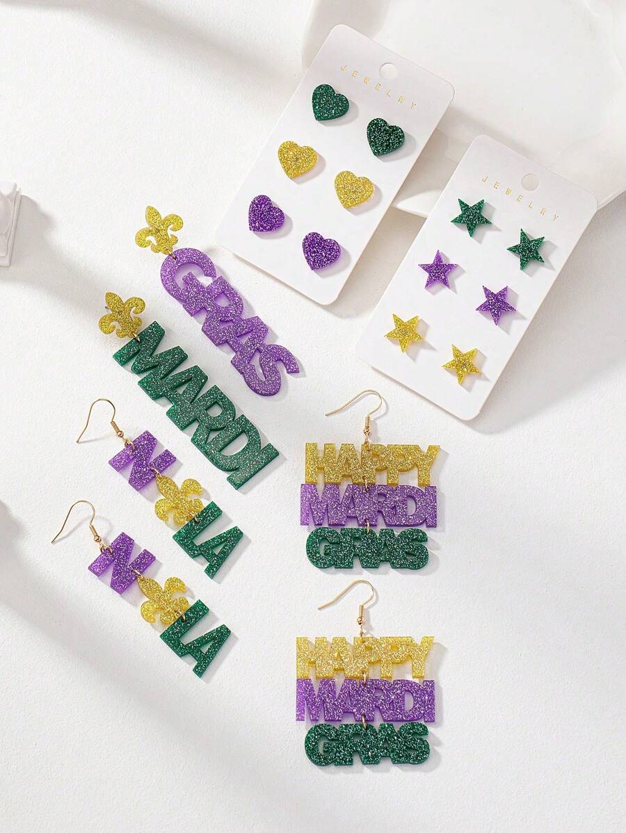 1 对亚克力狂欢节字母星心假日狂欢节游行耳环女士 - 彩色 - 查看 1