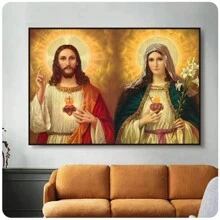 1 件天主教壁画基督教壁画玛丽和耶稣圣心帆布画印刷海报墙壁艺术图片家居装饰，现代简约风格印刷品，客厅和房间装饰，浴室装饰，理想礼物，无框架 - 彩色 - 查看 1