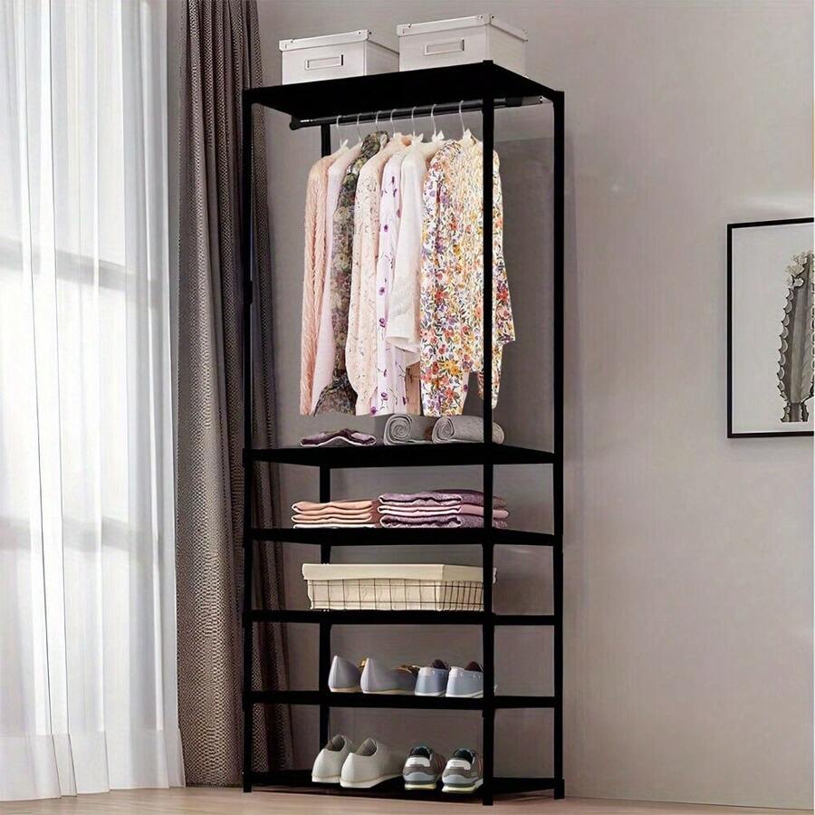 Clothe Rail Clothing Rack Heavy Duty 177*55*36cm Freestanding Garment Rack With 5-Tier Storage Shelves Shoe Rack Wardrobe Display Stand Closet Organizer For Bedroom Black