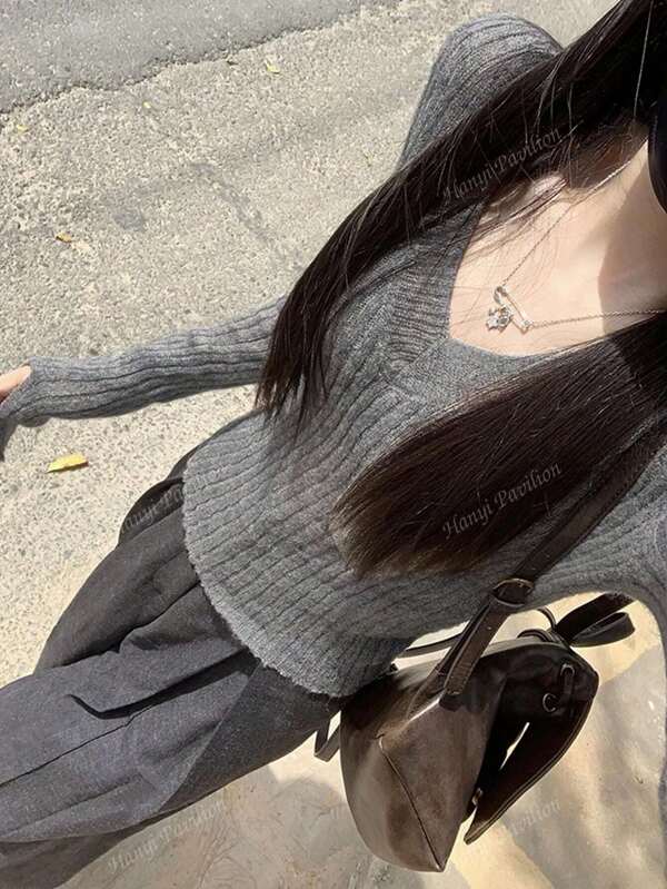 Retro American V-Neck Split Sleeve Design Grey Knit Sweater, Slim Fit Versatile Long Sleeve Top For Women