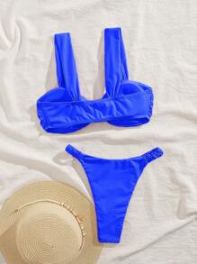 PEPPERMOLLY Bộ bikini màu trơn mới, có đệm mềm, dây đeo dày, xếp ly, gợi cảm, thích hợp cho mùa hè đi biển, du lịch. - Màu xanh hải quân - Xem 3