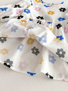 女童彩色花卉印花休闲舒适可爱连衣裙，夏季 - 白色 - 查看 7