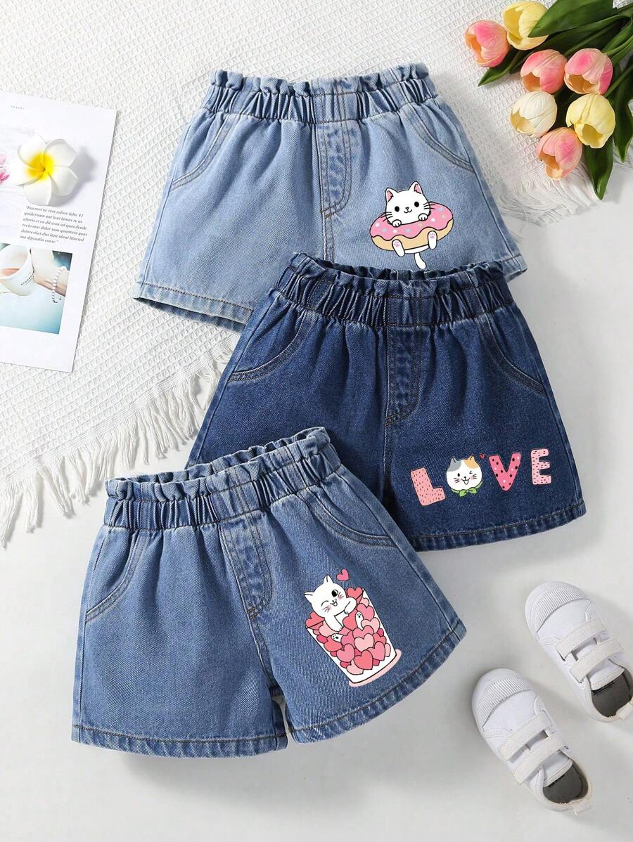 3 件装女童牛仔裤，时尚年轻女孩休闲抽绳腰部褶皱下摆小猫图案蓝色牛仔短裤 - 彩色 - 查看 1